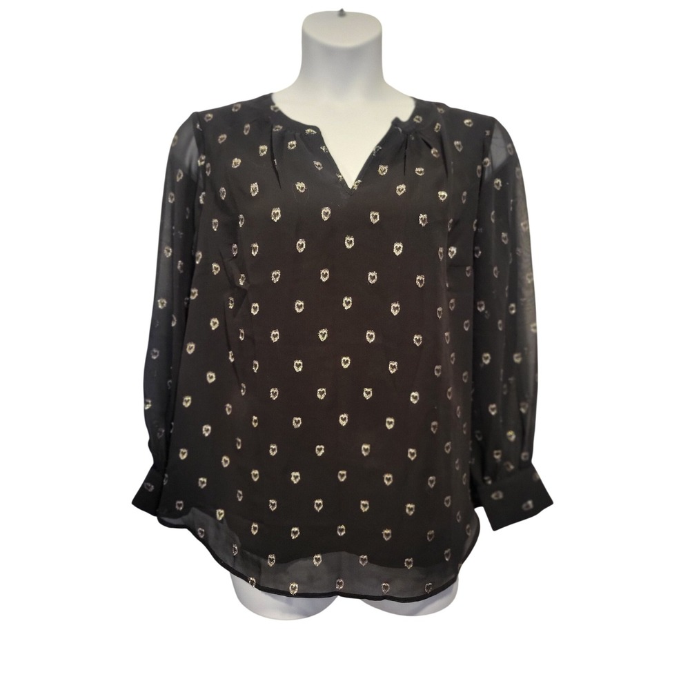 Talbots 1X Black Silver Hearts Chiffon LS Blouse  Career‎ Valentine Country Club